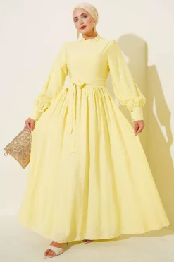 Ankle Cuffed Belted Flared Dress Yellow