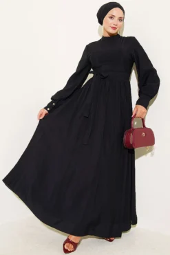 Ankle Cuffed Belted Flared Dress Black