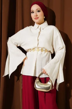 Ankle Ruffled Linen Look Shirt Beige