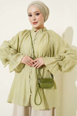 Button-Up Laced Shirt with Hem Edge Oil Green