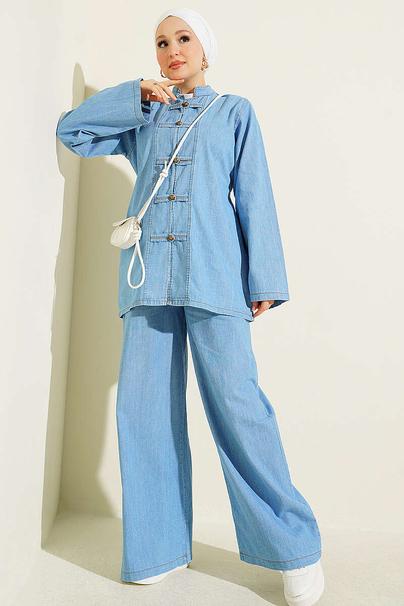 Button-Down Tie-Detail Two-Piece Set Light Denim