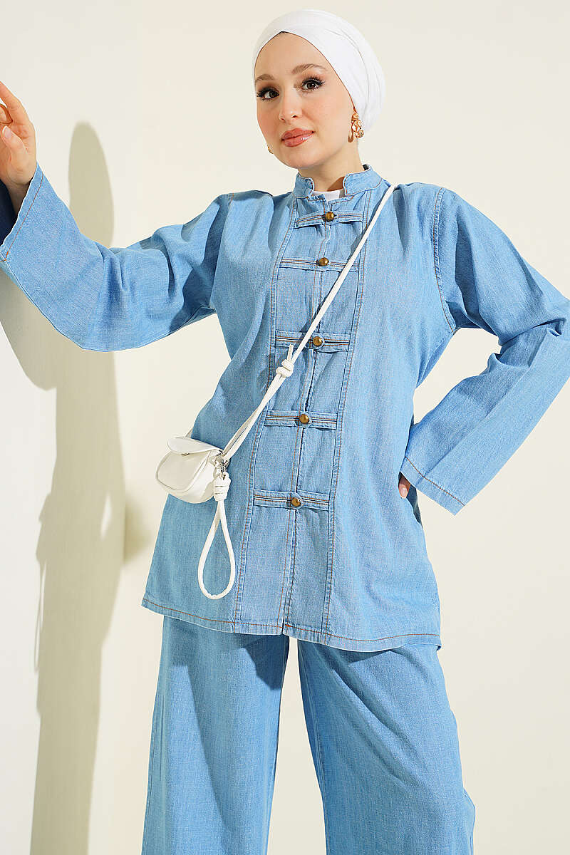 Button-Down Tie-Detail Two-Piece Set Light Denim - Image 2