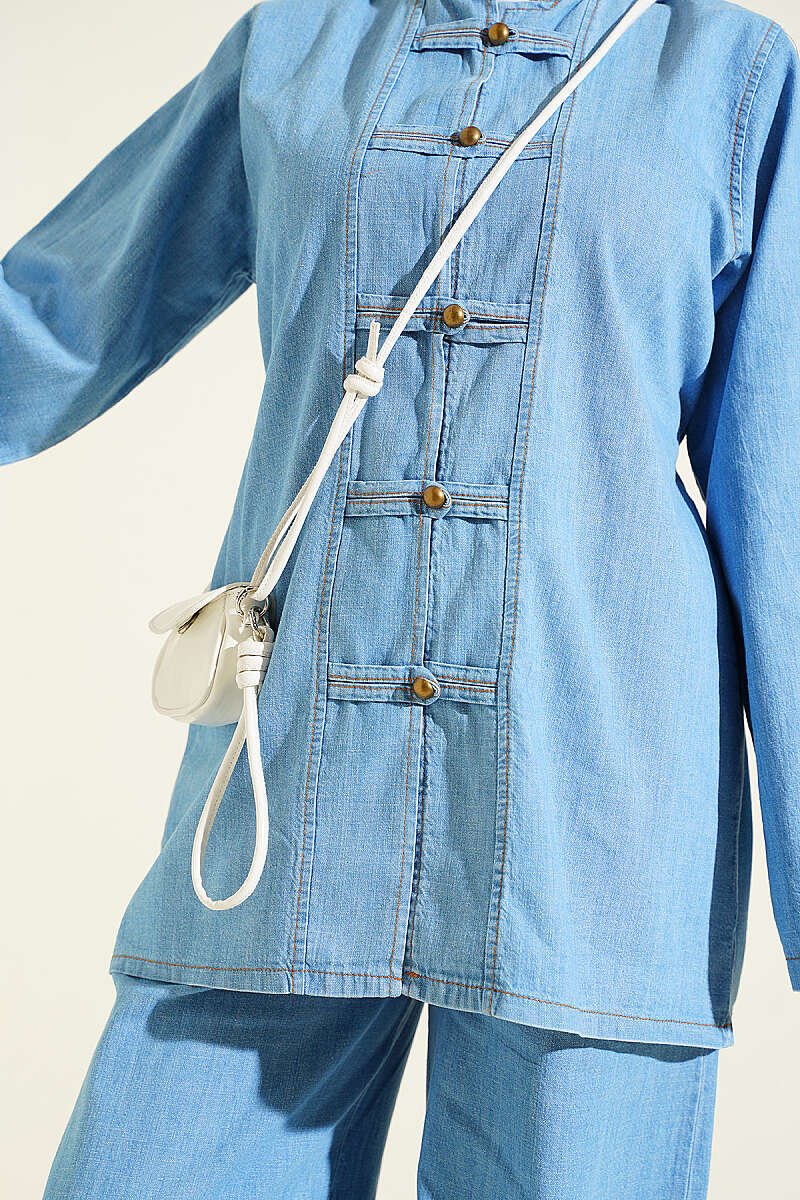 Button-Down Tie-Detail Two-Piece Set Light Denim - Image 4
