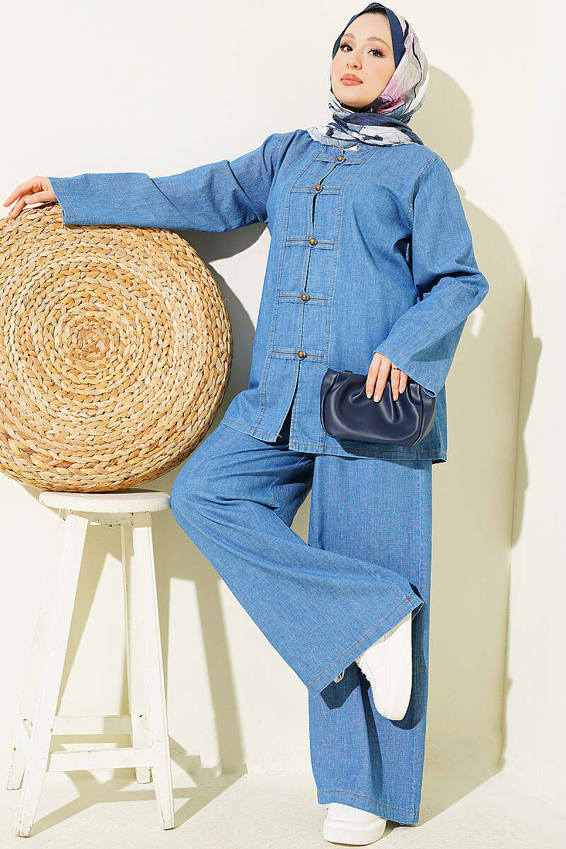 Button-Down Tie-Detail Two-Piece Set Denim