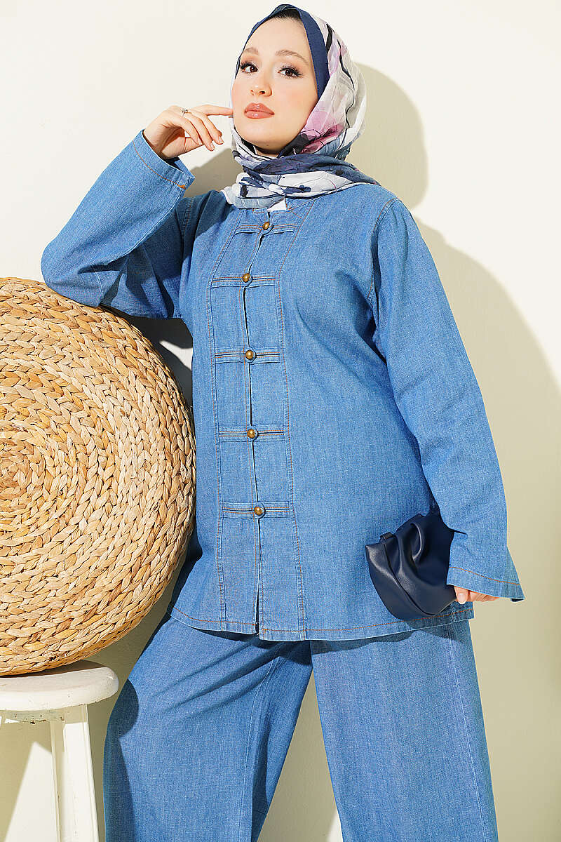 Button-Down Tie-Detail Two-Piece Set Denim - Image 2