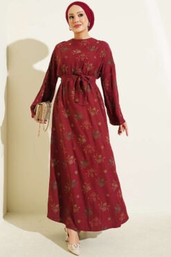 Floral Embroidered Crew Neck Dress Burgundy