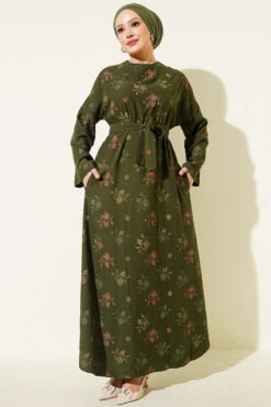 Floral Embroidered Crew Neck Dress Khaki