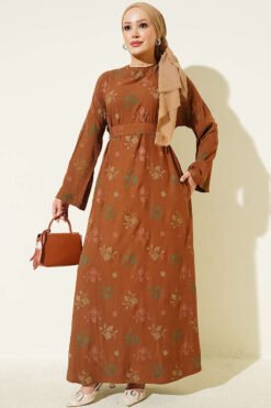 Floral Embroidered Crew Neck Dress Tan
