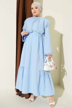 Bicycle Neck Dress with Lace Detail Blue