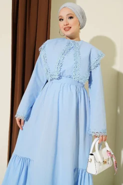 Alternative view of Bicycle Neck Dress with Lace Detail Blue
