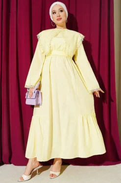 Bicycle Neck Dress with Lace Detail Yellow
