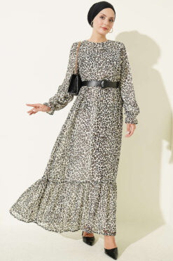 Leopard Print Chiffon Dress Ecru