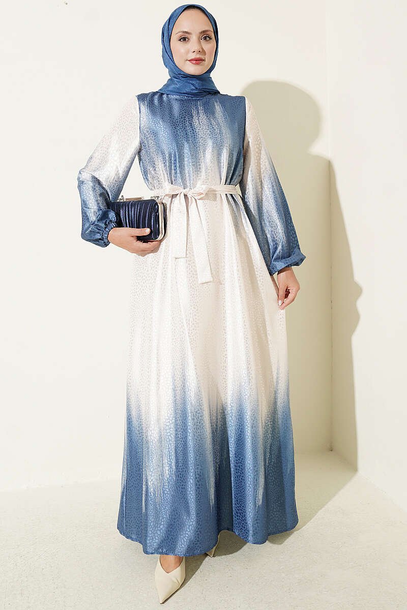 Crew Neck Stone Jacquard Dress Blue