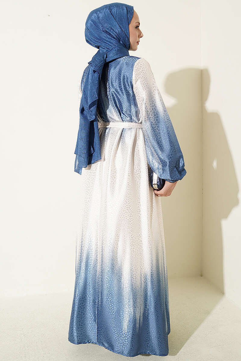 Crew Neck Stone Jacquard Dress Blue - Image 3