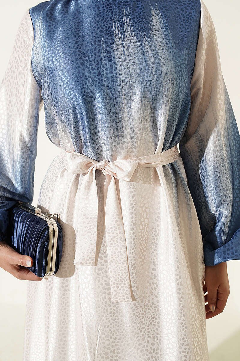 Crew Neck Stone Jacquard Dress Blue - Image 4