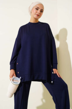Alternative view of Bicycle Neck Side Metal Button Two-Piece Set Navy Blue