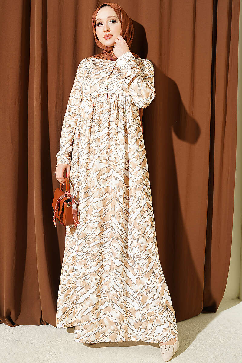 Bell Sleeve Dress with Lace Bodice and Waistband Beige