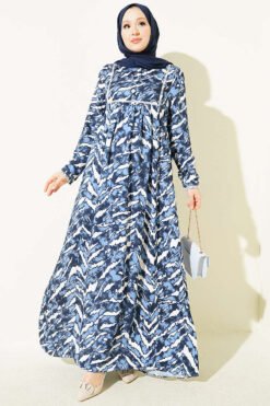 Bell Sleeve Dress with Lace Bodice and Waistband Navy Blue
