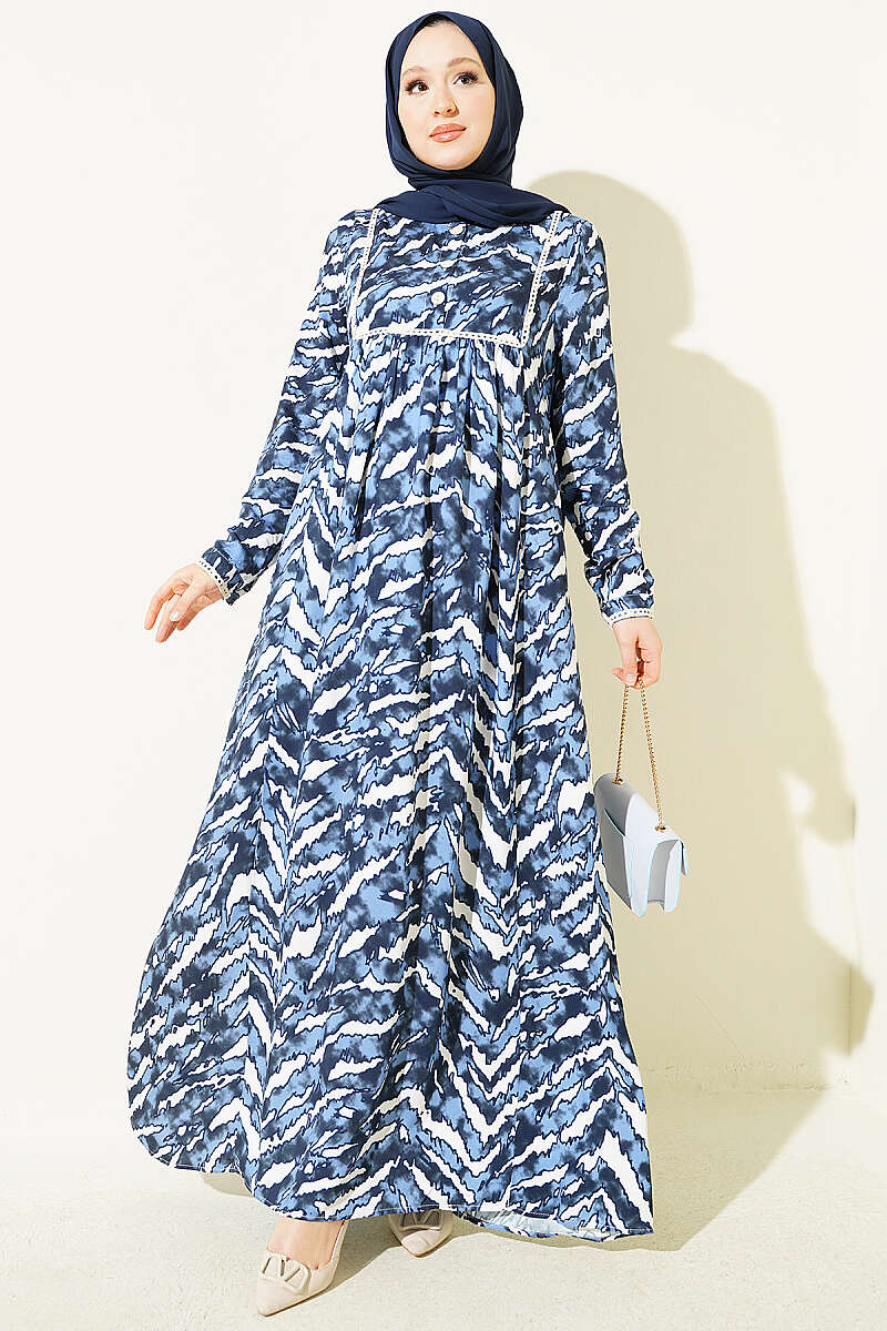 Bell Sleeve Dress with Lace Bodice and Waistband Navy Blue
