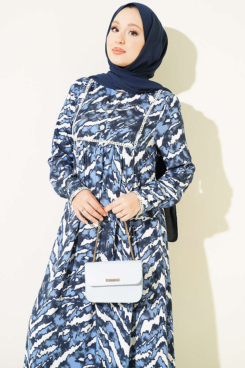 Bell Sleeve Dress with Lace Bodice and Waistband Navy Blue – Bild 2