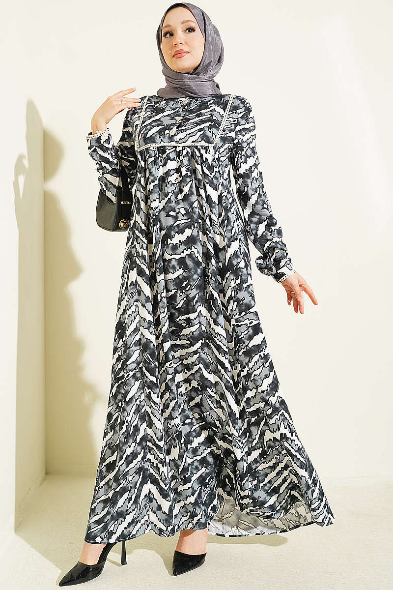Bell Sleeve Dress with Lace Bodice and Waistband Black