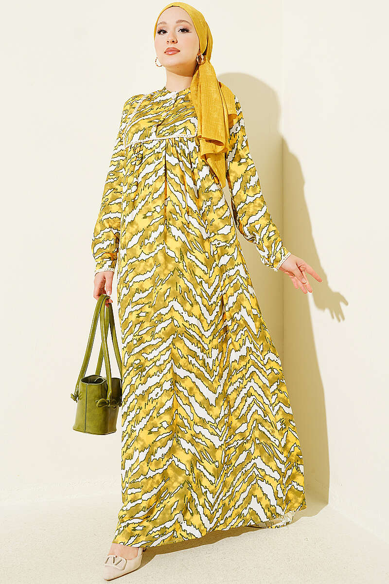 Bell Sleeve Dress with Lace Bodice and Waistband Oil Green