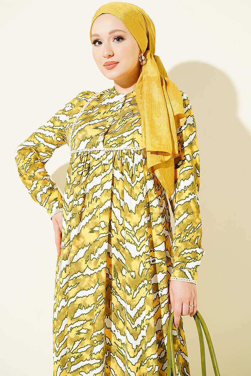 Bell Sleeve Dress with Lace Bodice and Waistband Oil Green - Image 2