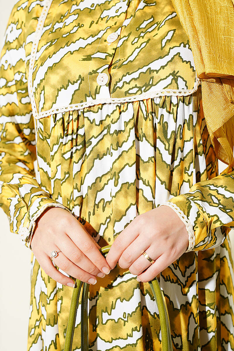 Bell Sleeve Dress with Lace Bodice and Waistband Oil Green - Image 4
