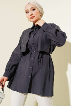 Bolero Detailed Tie Belt Tencel Shirt Smoke