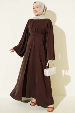 Floral Motif Belted Abaya Coffee Brown