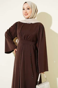 Alternatieve weergave van Floral Motif Belted Abaya Coffee Brown