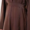 Floral Motif Belted Abaya Coffee Brown - Afbeelding 4