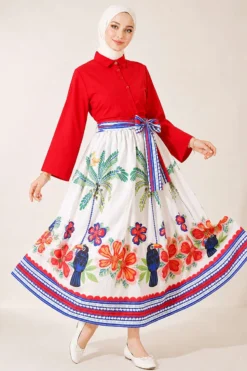 Botanical Patterned Skirt Set Red