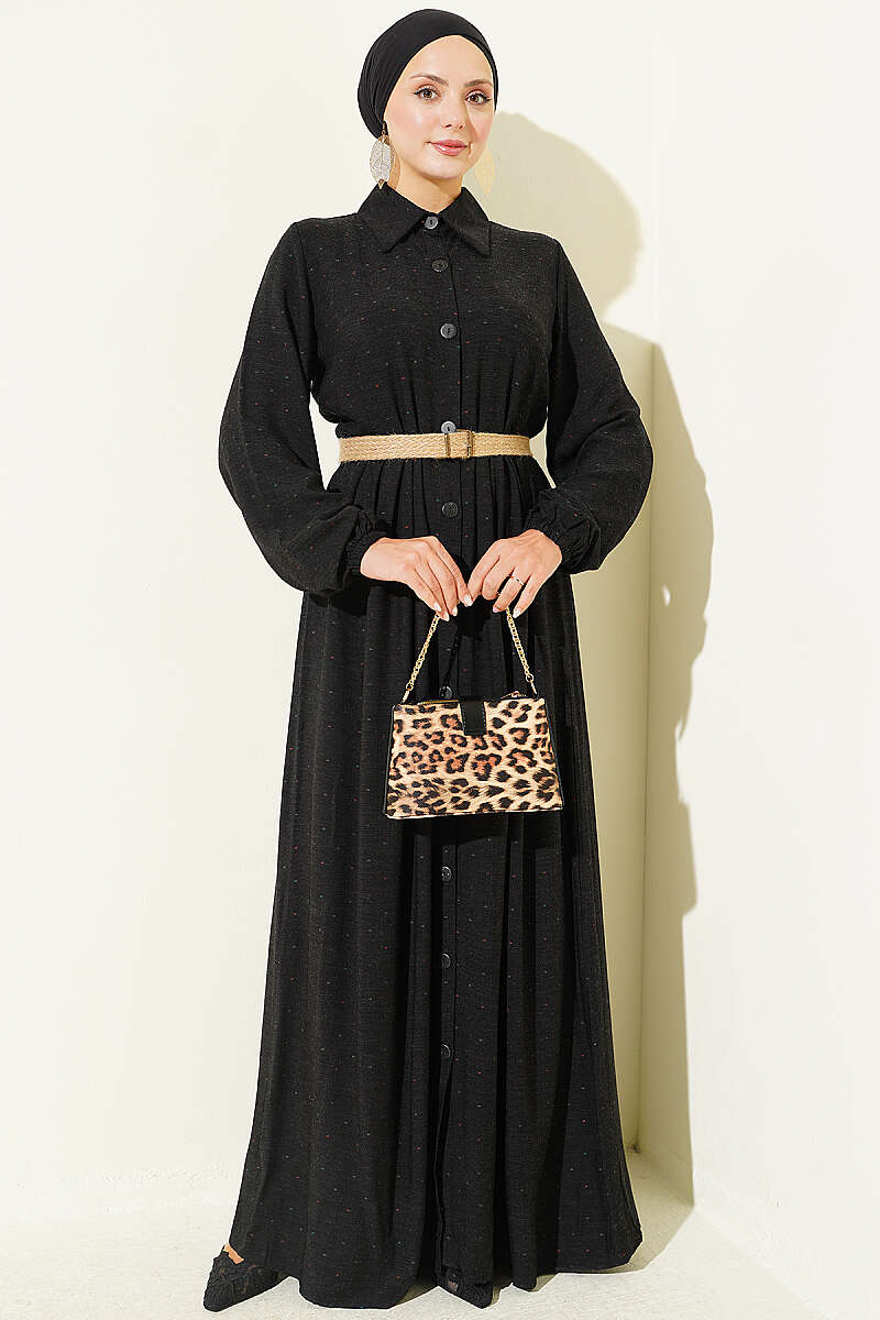 Button-Up Dress with Pleated Detail Black
