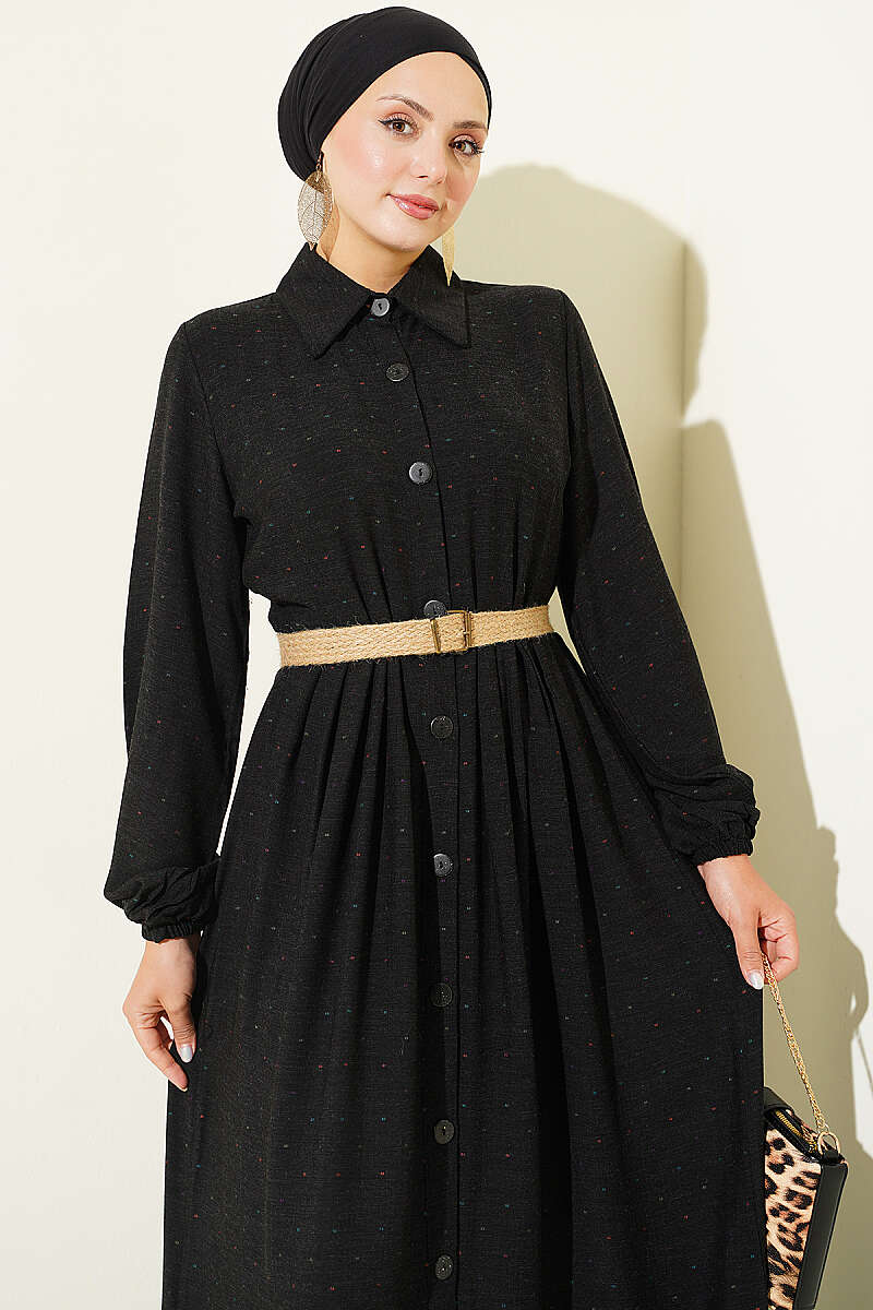 Button-Up Dress with Pleated Detail Black - immagine 2