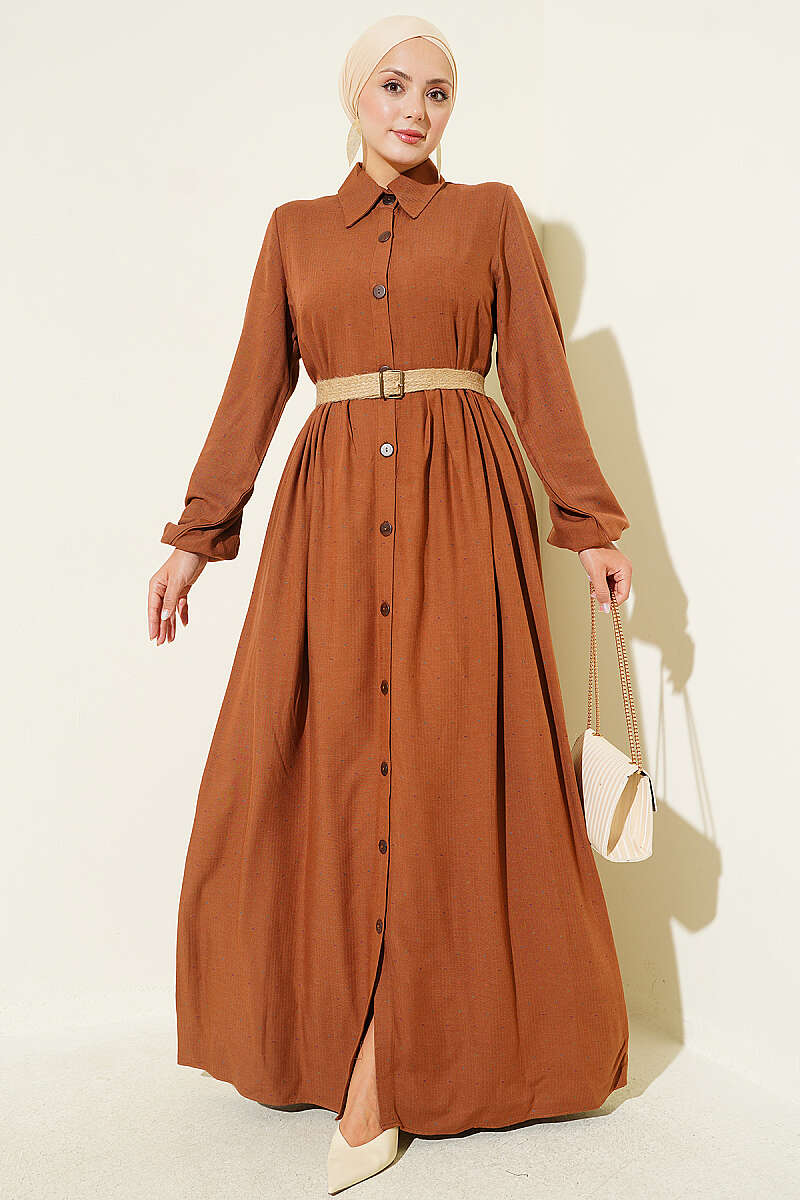 Button-Up Dress with Pleated Detail Tan