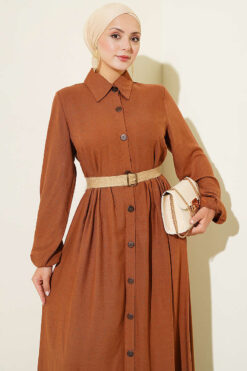 Alternative view of Button-Up Dress with Pleated Detail Tan