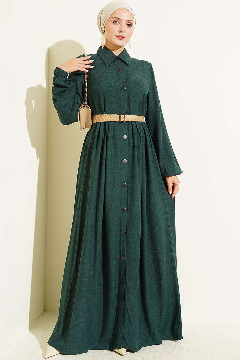 Button-Up Dress with Pleated Detail Emerald