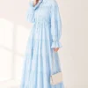 Button-Up Tiered Drawstring Dress Baby Blue
