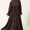 ⁦Button-Up Tiered Drawstring Dress Brown⁩ - الصورة ⁦3⁩