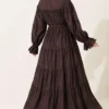 ⁦Button-Up Tiered Drawstring Dress Brown⁩ - الصورة ⁦4⁩