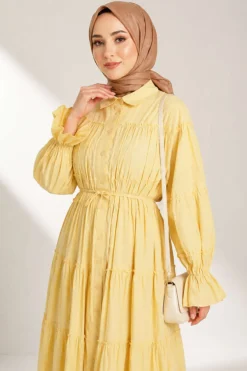 Alternatieve weergave van Button-Up Tiered Drawstring Dress Yellow