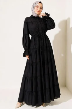 Button-Up Tiered Drawstring Dress Black