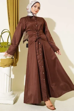 Buttoned Corset Detailed Dress Brown