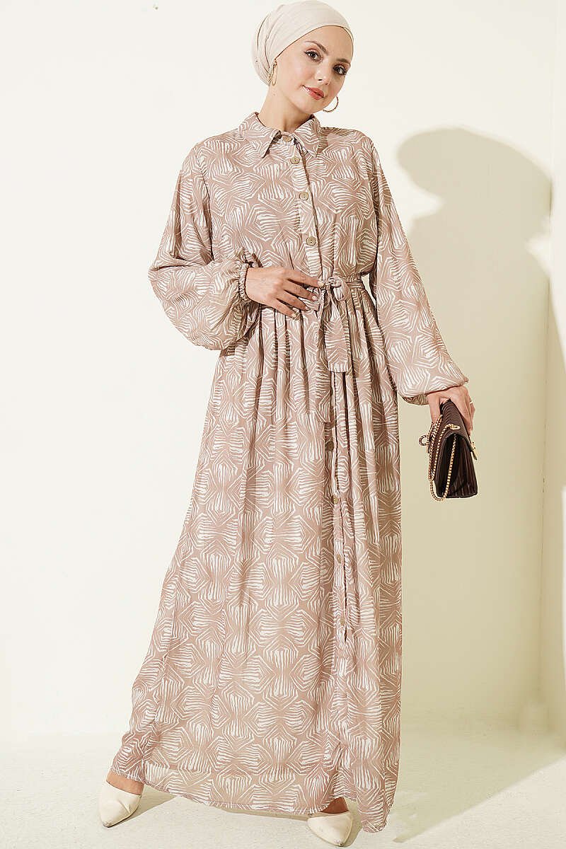 Button-Down Dress with Patterned Details Beige