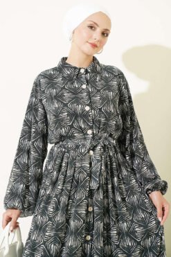 Alternative view of Button-Down Dress with Patterned Details Emerald
