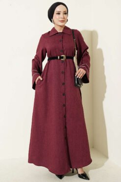 Button-Down Long Coat with Piped Sleeves Burgundy