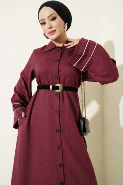 Alternative view of Button-Down Long Coat with Piped Sleeves Burgundy