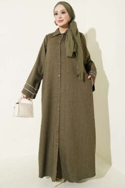 Button-Down Long Coat with Piped Sleeves Khaki