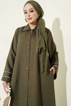 Alternative view of Button-Down Long Coat with Piped Sleeves Khaki